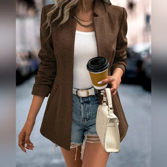 New Chic Classic Tweed Jacket Blazer Coffee Brown - Picture 2 of 8